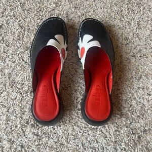 NEW! Indigo Black and Red Mules with Sleek Floral Design